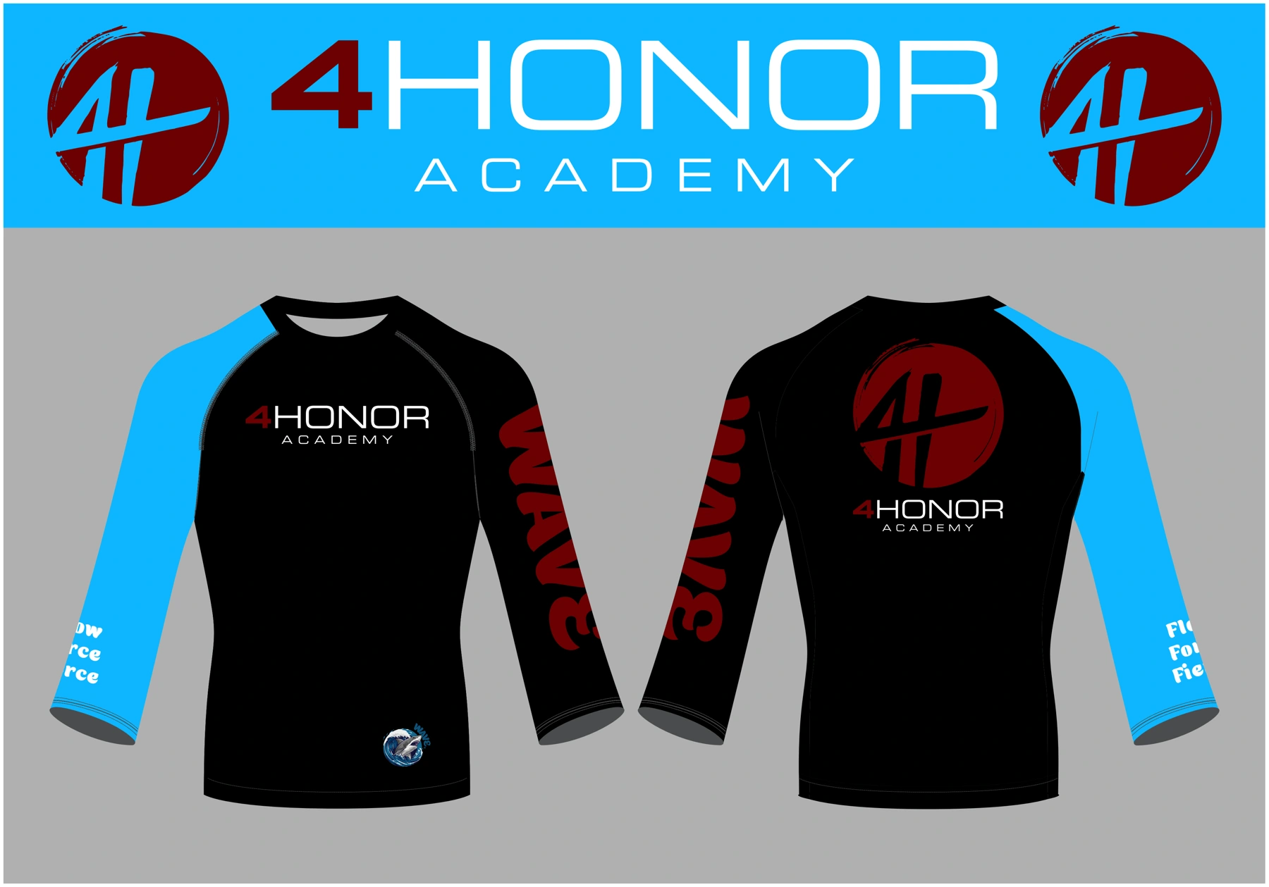 4Honor Academy custom blue and black rashguard design, front and back