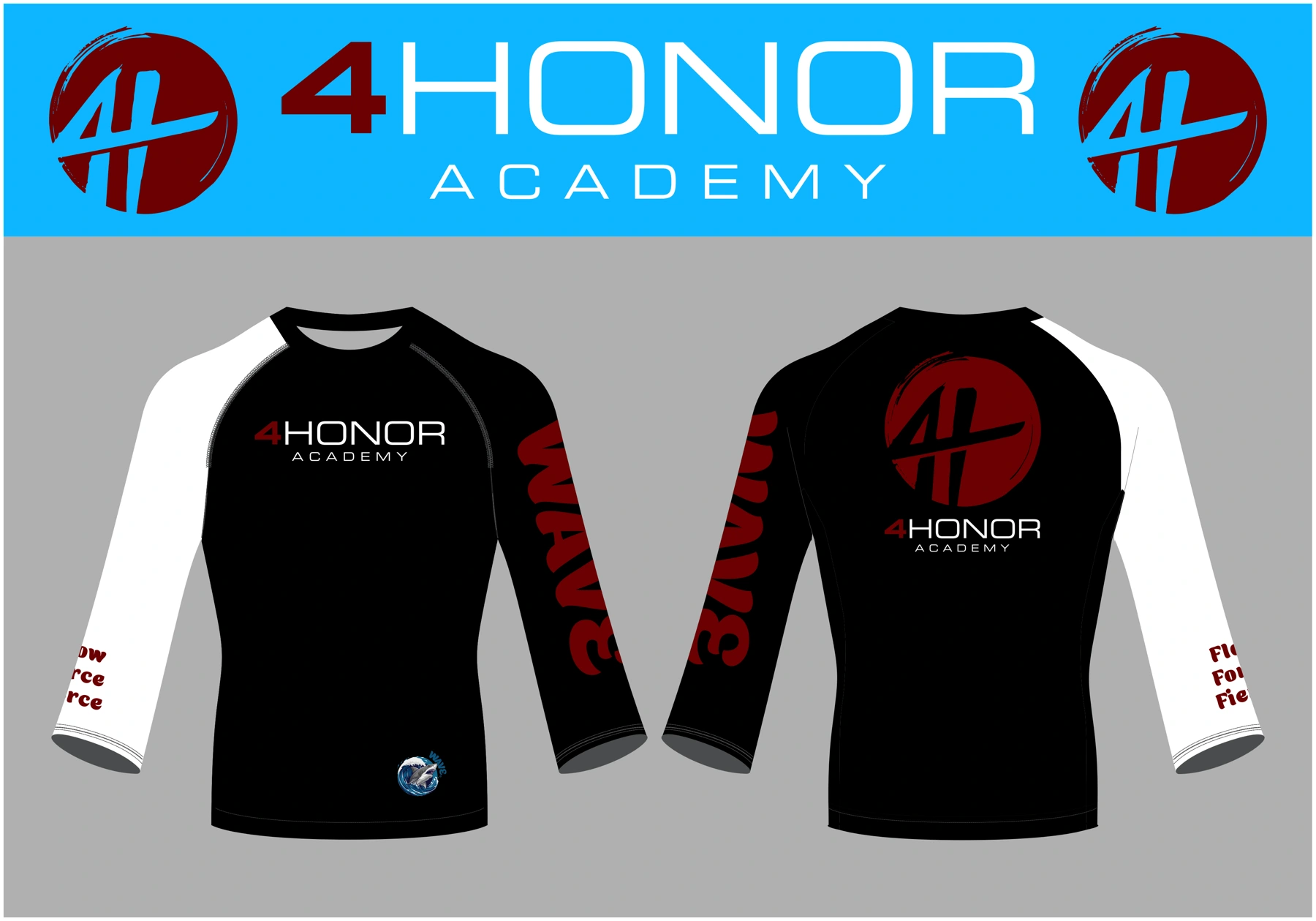 4Honor Academy white rashguard design showing front and back