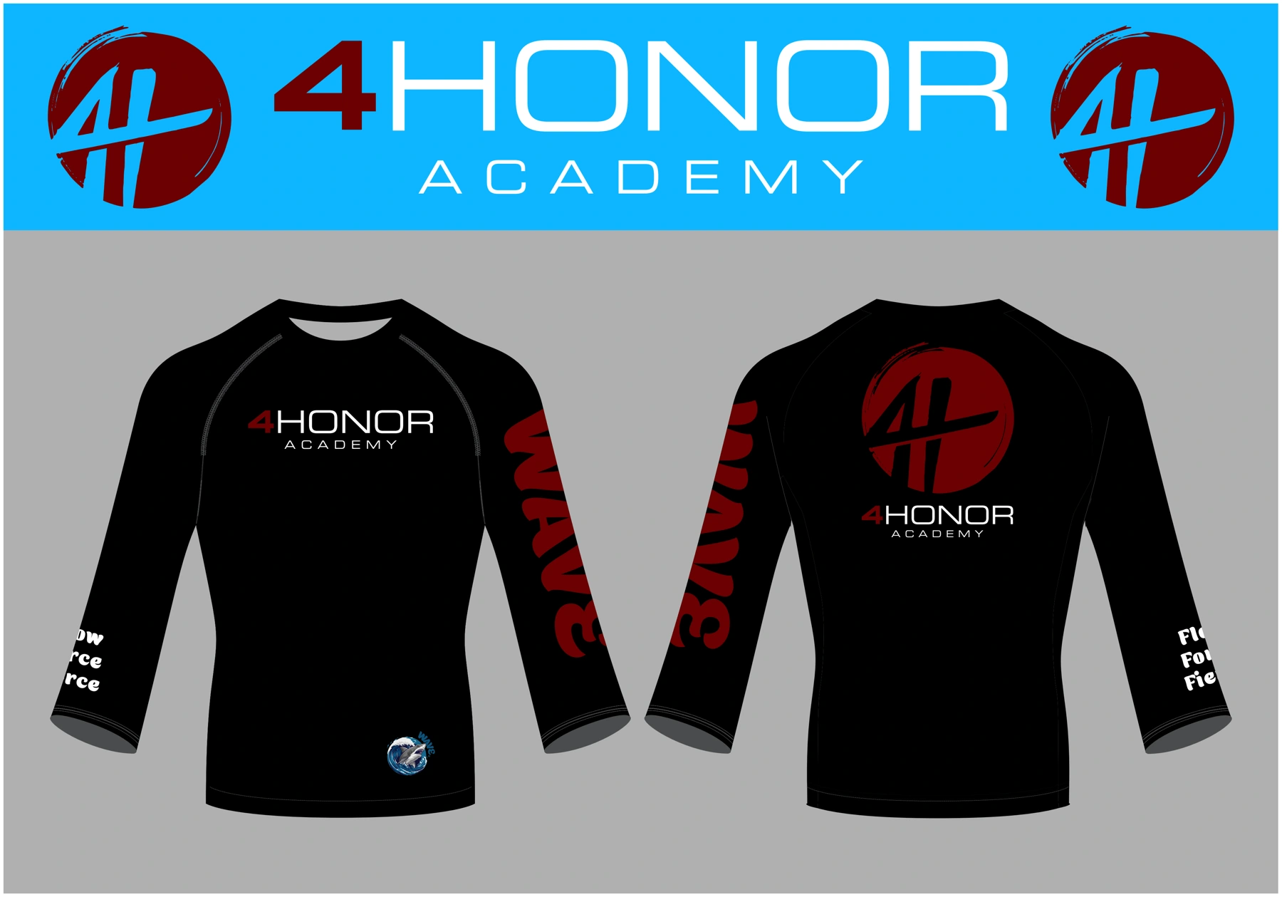 4Honor Academy black rashguard design showing front and back