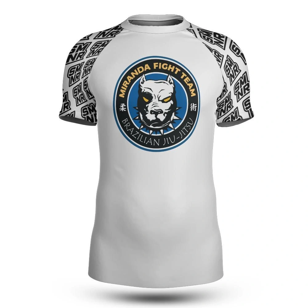 Miranda Fight Team white rashguard custom uniform design